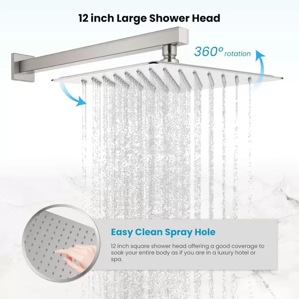 imagegotonovo Shower Faucet Set Matte Black 12 Inch Square Showerhead Wall Mount Bathroom Rainfall Shower System Shower Trim Kit 2 in 1 Cylindrical Handheld shower with Roughin ValveBrushed Nickel