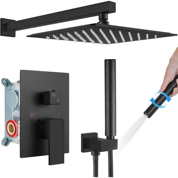 imagegotonovo Shower Faucet Set Matte Black 12 Inch Square Showerhead Wall Mount Bathroom Rainfall Shower System Shower Trim Kit 2 in 1 Cylindrical Handheld shower with Roughin ValveMatte Black