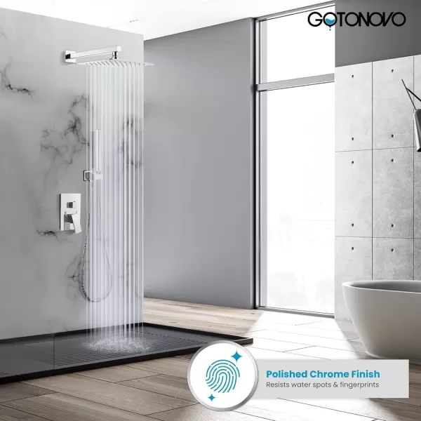 imagegotonovo Shower Faucet Set Matte Black 12 Inch Square Showerhead Wall Mount Bathroom Rainfall Shower System Shower Trim Kit 2 in 1 Cylindrical Handheld shower with Roughin ValvePolished Chrome