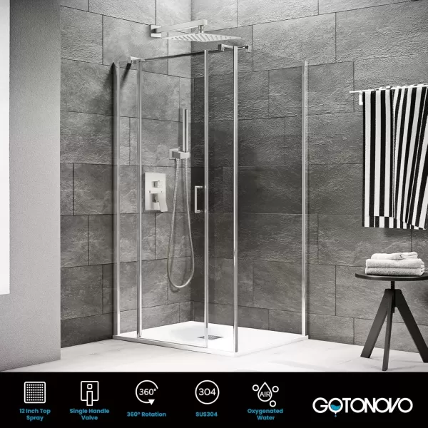 imagegotonovo Shower Faucet Set Matte Black 12 Inch Square Showerhead Wall Mount Bathroom Rainfall Shower System Shower Trim Kit 2 in 1 Cylindrical Handheld shower with Roughin ValveBrushed Nickel