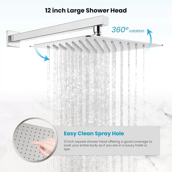 imagegotonovo Shower Faucet Set Matte Black 12 Inch Square Showerhead Wall Mount Bathroom Rainfall Shower System Shower Trim Kit 2 in 1 Cylindrical Handheld shower with Roughin ValvePolished Chrome