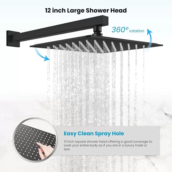 imagegotonovo Shower Faucet Set Matte Black 12 Inch Square Showerhead Wall Mount Bathroom Rainfall Shower System Shower Trim Kit 2 in 1 Cylindrical Handheld shower with Roughin ValveMatte Black