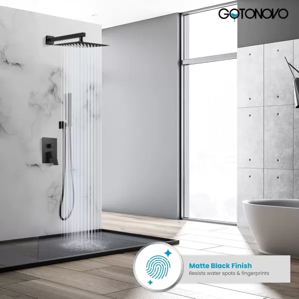 imagegotonovo Shower Faucet Set Matte Black 12 Inch Square Showerhead Wall Mount Bathroom Rainfall Shower System Shower Trim Kit 2 in 1 Cylindrical Handheld shower with Roughin ValveMatte Black