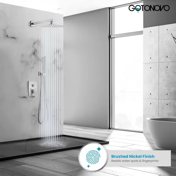 imagegotonovo Shower Faucet Set Matte Black 12 Inch Square Showerhead Wall Mount Bathroom Rainfall Shower System Shower Trim Kit 2 in 1 Cylindrical Handheld shower with Roughin ValveBrushed Nickel