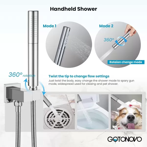 imagegotonovo Shower Faucet Set Matte Black 12 Inch Square Showerhead Wall Mount Bathroom Rainfall Shower System Shower Trim Kit 2 in 1 Cylindrical Handheld shower with Roughin ValvePolished Chrome