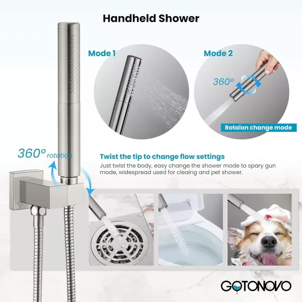 imagegotonovo Shower Faucet Set Matte Black 12 Inch Square Showerhead Wall Mount Bathroom Rainfall Shower System Shower Trim Kit 2 in 1 Cylindrical Handheld shower with Roughin ValveBrushed Nickel