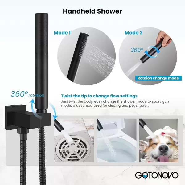 imagegotonovo Shower Faucet Set Matte Black 12 Inch Square Showerhead Wall Mount Bathroom Rainfall Shower System Shower Trim Kit 2 in 1 Cylindrical Handheld shower with Roughin ValveMatte Black