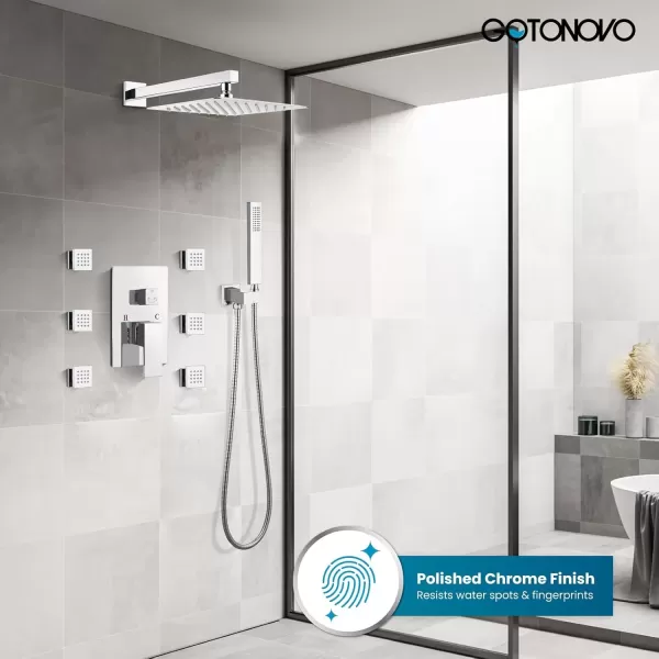imagegotonovo Shower Faucet with Full Body Jets Rain Mixer 12 inch Rainfall Shower Head and Handheld Spray Combo Wall Mounted Roughin Valve and Trim Included with 6pcs Body Message Jets Matte BlackPolished Chrome