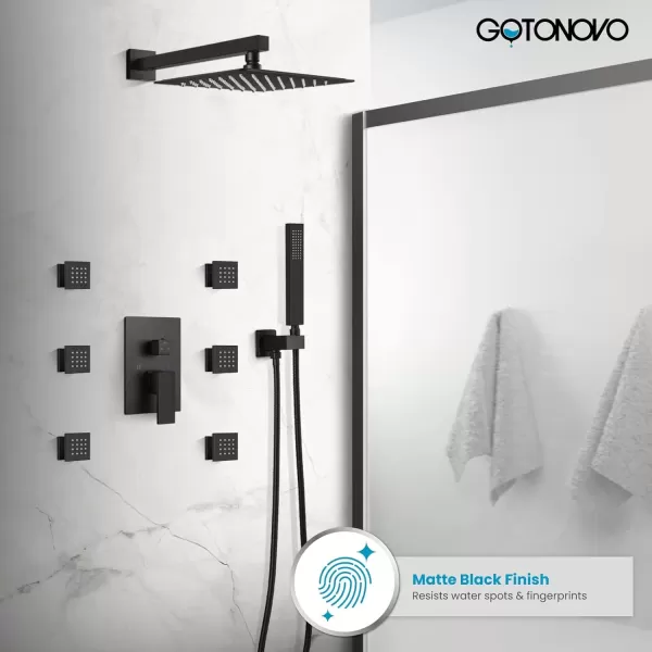 imagegotonovo Shower Faucet with Full Body Jets Rain Mixer 12 inch Rainfall Shower Head and Handheld Spray Combo Wall Mounted Roughin Valve and Trim Included with 6pcs Body Message Jets Matte BlackMatte Black