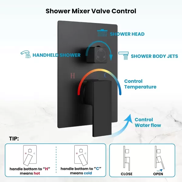 imagegotonovo Shower Faucet with Full Body Jets Rain Mixer 12 inch Rainfall Shower Head and Handheld Spray Combo Wall Mounted Roughin Valve and Trim Included with 6pcs Body Message Jets Matte BlackMatte Black