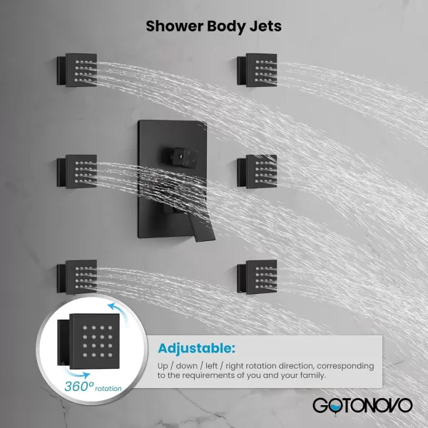 imagegotonovo Shower Faucet with Full Body Jets Rain Mixer 12 inch Rainfall Shower Head and Handheld Spray Combo Wall Mounted Roughin Valve and Trim Included with 6pcs Body Message Jets Matte BlackMatte Black