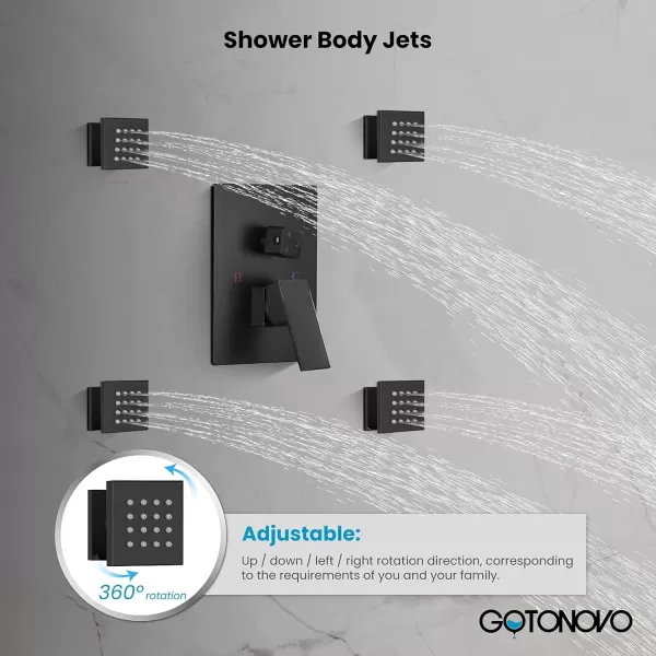 imagegotonovo Shower Faucet with Full Body Jets Rain Mixer 12 inch Rainfall Shower Head and Handheld Spray Combo Wall Mounted Roughin Valve and Trim Included with 6pcs Body Message Jets Matte BlackMatte Black