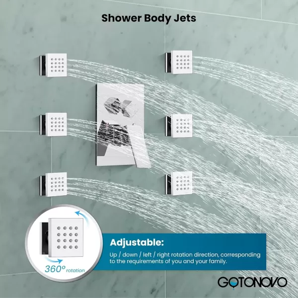 imagegotonovo Shower Faucet with Full Body Jets Rain Mixer 12 inch Rainfall Shower Head and Handheld Spray Combo Wall Mounted Roughin Valve and Trim Included with 6pcs Body Message Jets Matte BlackPolished Chrome