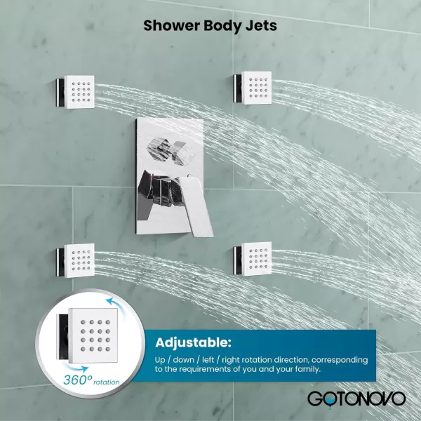 imagegotonovo Shower Faucet with Full Body Jets Rain Mixer 12 inch Rainfall Shower Head and Handheld Spray Combo Wall Mounted Roughin Valve and Trim Included with 6pcs Body Message Jets Matte BlackPolished Chrome