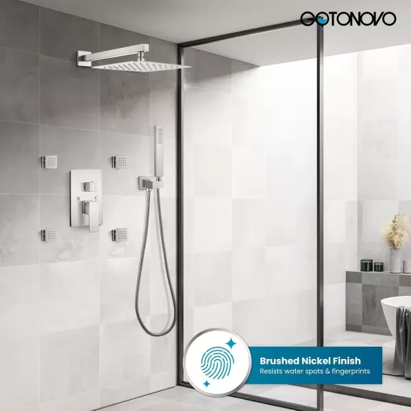 imagegotonovo Shower Faucet with Full Body Jets Rain Mixer 12 inch Rainfall Shower Head and Handheld Spray Combo Wall Mounted Roughin Valve and Trim Included with 6pcs Body Message Jets Matte BlackBrushed Nickel
