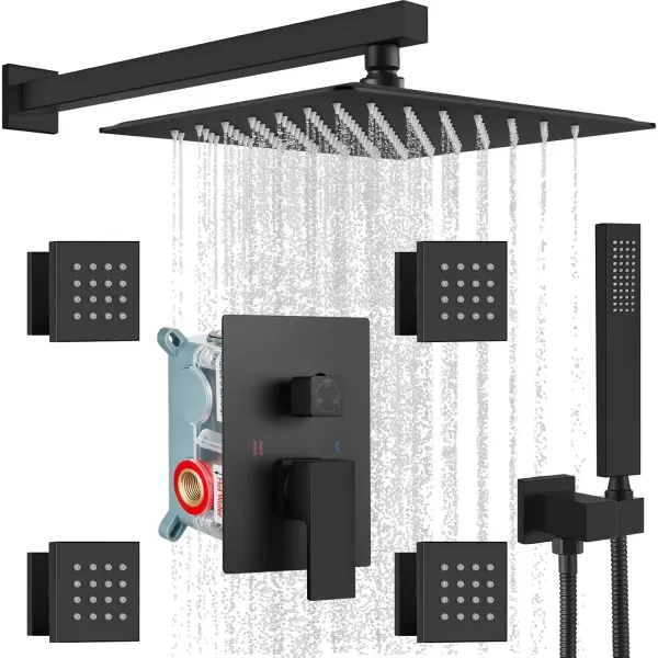 imagegotonovo Shower Faucet with Full Body Jets Rain Mixer 12 inch Rainfall Shower Head and Handheld Spray Combo Wall Mounted Roughin Valve and Trim Included with 6pcs Body Message Jets Matte BlackMatte Black