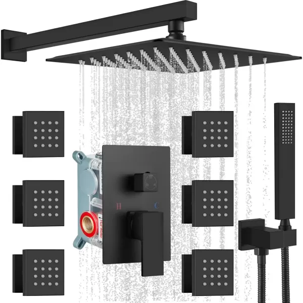 imagegotonovo Shower Faucet with Full Body Jets Rain Mixer 12 inch Rainfall Shower Head and Handheld Spray Combo Wall Mounted Roughin Valve and Trim Included with 6pcs Body Message Jets Matte BlackMatte Black