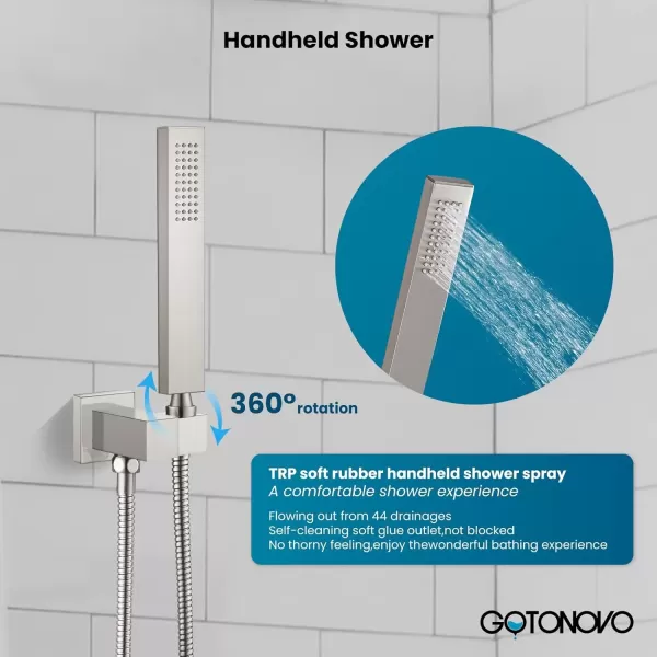 imagegotonovo Shower Faucet with Full Body Jets Rain Mixer 12 inch Rainfall Shower Head and Handheld Spray Combo Wall Mounted Roughin Valve and Trim Included with 6pcs Body Message Jets Matte BlackBrushed Nickel
