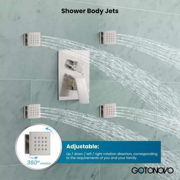 imagegotonovo Shower Faucet with Full Body Jets Rain Mixer 12 inch Rainfall Shower Head and Handheld Spray Combo Wall Mounted Roughin Valve and Trim Included with 6pcs Body Message Jets Matte BlackBrushed Nickel