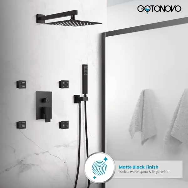 imagegotonovo Shower Faucet with Full Body Jets Rain Mixer 12 inch Rainfall Shower Head and Handheld Spray Combo Wall Mounted Roughin Valve and Trim Included with 6pcs Body Message Jets Matte BlackMatte Black