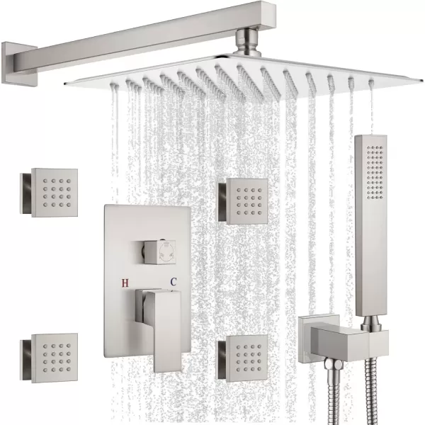 imagegotonovo Shower Faucet with Full Body Jets Rain Mixer 12 inch Rainfall Shower Head and Handheld Spray Combo Wall Mounted Roughin Valve and Trim Included with 6pcs Body Message Jets Matte BlackBrushed Nickel