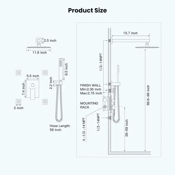 imagegotonovo Shower Faucet with Full Body Jets Rain Mixer 12 inch Rainfall Shower Head and Handheld Spray Combo Wall Mounted Roughin Valve and Trim Included with 6pcs Body Message Jets Matte BlackMatte Black