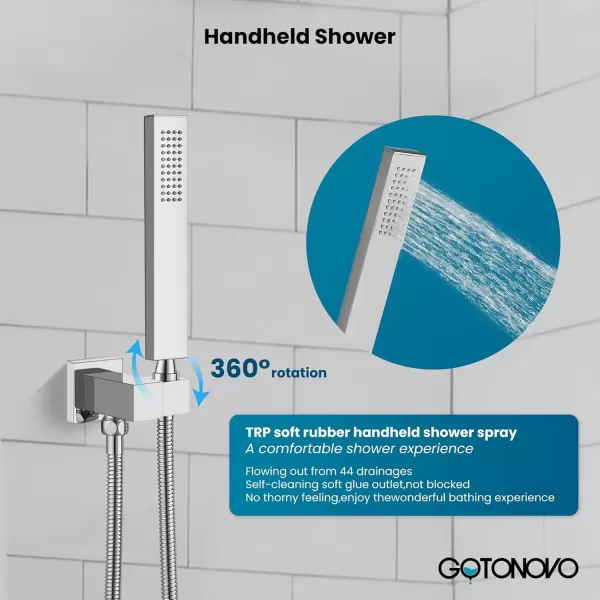 imagegotonovo Shower Faucet with Full Body Jets Rain Mixer 12 inch Rainfall Shower Head and Handheld Spray Combo Wall Mounted Roughin Valve and Trim Included with 6pcs Body Message Jets Matte BlackPolished Chrome
