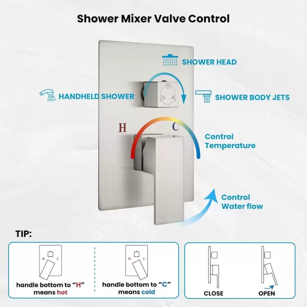 imagegotonovo Shower Faucet with Full Body Jets Rain Mixer 12 inch Rainfall Shower Head and Handheld Spray Combo Wall Mounted Roughin Valve and Trim Included with 6pcs Body Message Jets Matte BlackBrushed Nickel