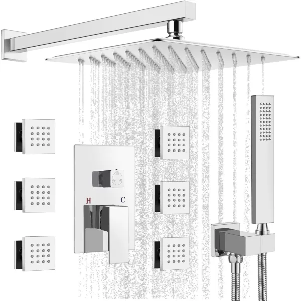 imagegotonovo Shower Faucet with Full Body Jets Rain Mixer 12 inch Rainfall Shower Head and Handheld Spray Combo Wall Mounted Roughin Valve and Trim Included with 6pcs Body Message Jets Matte BlackPolished Chrome