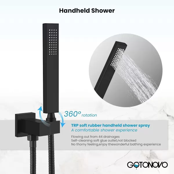 imagegotonovo Shower Faucet with Full Body Jets Rain Mixer 12 inch Rainfall Shower Head and Handheld Spray Combo Wall Mounted Roughin Valve and Trim Included with 6pcs Body Message Jets Matte BlackMatte Black