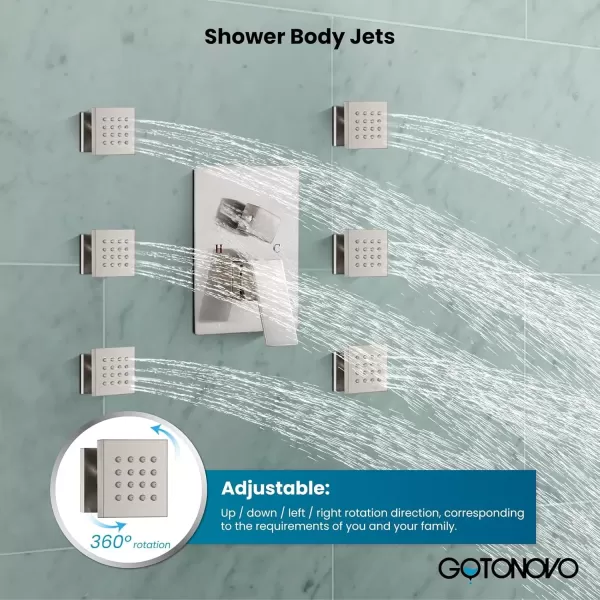 imagegotonovo Shower Faucet with Full Body Jets Rain Mixer 12 inch Rainfall Shower Head and Handheld Spray Combo Wall Mounted Roughin Valve and Trim Included with 6pcs Body Message Jets Matte BlackBrushed Nickel