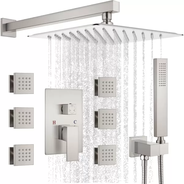 imagegotonovo Shower Faucet with Full Body Jets Rain Mixer 12 inch Rainfall Shower Head and Handheld Spray Combo Wall Mounted Roughin Valve and Trim Included with 6pcs Body Message Jets Matte BlackBrushed Nickel