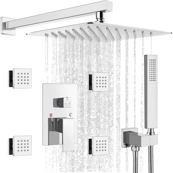 imagegotonovo Shower Faucet with Full Body Jets Rain Mixer 12 inch Rainfall Shower Head and Handheld Spray Combo Wall Mounted Roughin Valve and Trim Included with 6pcs Body Message Jets Matte BlackPolished Chrome