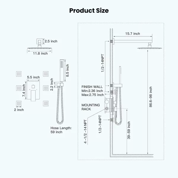 imagegotonovo Shower Faucet with Full Body Jets Rain Mixer 12 inch Rainfall Shower Head and Handheld Spray Combo Wall Mounted Roughin Valve and Trim Included with 6pcs Body Message Jets Matte BlackPolished Chrome