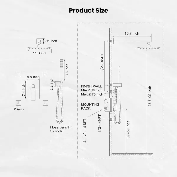 imagegotonovo Shower Faucet with Full Body Jets Rain Mixer 12 inch Rainfall Shower Head and Handheld Spray Combo Wall Mounted Roughin Valve and Trim Included with 6pcs Body Message Jets Matte BlackPolished Chrome