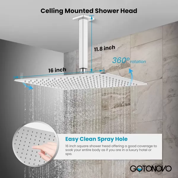 imagegotonovo Shower System with Tub Spout Ceiling Mount Shower Faucet Set Rain Shower Head and Handheld Combo with Waterfall Bathtub Spout Roughin Valve Kit Included 16 inch Shower Head Polished ChromePolished Chrome