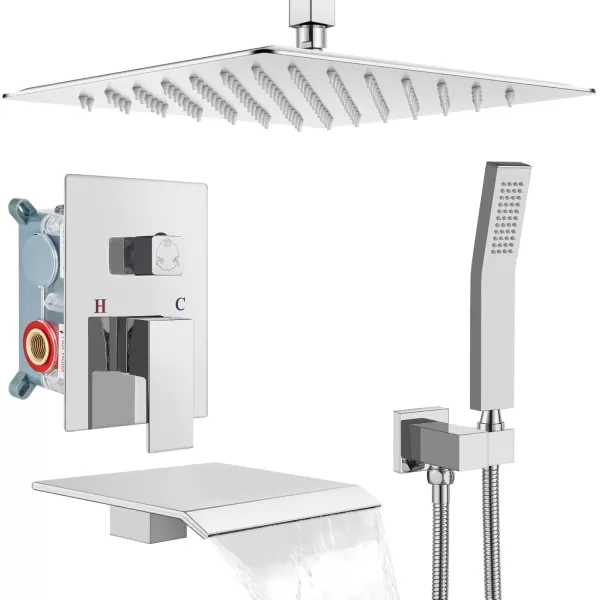 imagegotonovo Shower System with Tub Spout Ceiling Mount Shower Faucet Set Rain Shower Head and Handheld Combo with Waterfall Bathtub Spout Roughin Valve Kit Included 16 inch Shower Head Polished ChromePolished Chrome