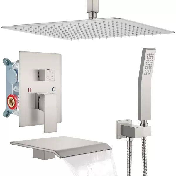 imagegotonovo Shower System with Tub Spout Ceiling Mount Shower Faucet Set Rain Shower Head and Handheld Combo with Waterfall Bathtub Spout Roughin Valve Kit Included 16 inch Shower Head Polished ChromeBrushed Nickel
