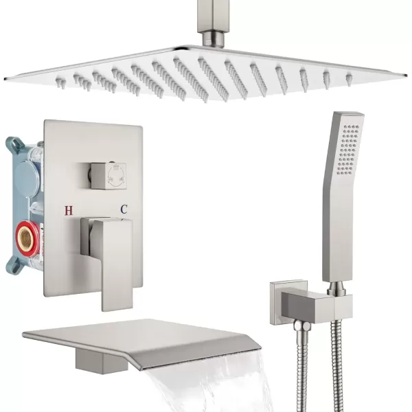 imagegotonovo Shower System with Tub Spout Ceiling Mount Shower Faucet Set Rain Shower Head and Handheld Combo with Waterfall Bathtub Spout Roughin Valve Kit Included 16 inch Shower Head Polished ChromeBrushed Nickel