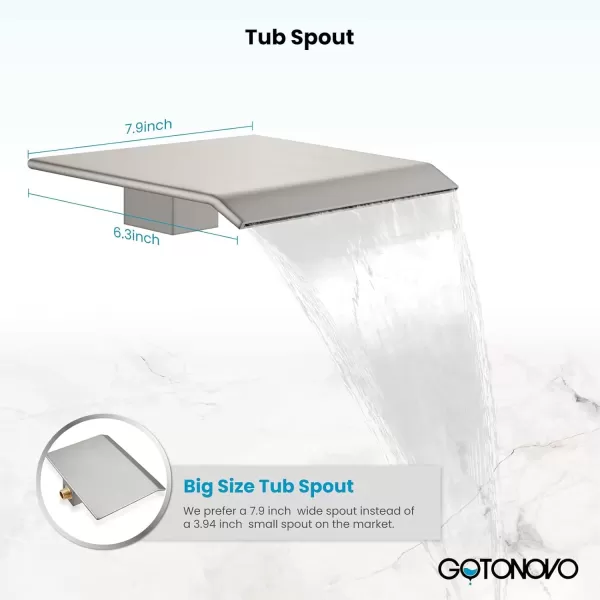 imagegotonovo Shower System with Tub Spout Ceiling Mount Shower Faucet Set Rain Shower Head and Handheld Combo with Waterfall Bathtub Spout Roughin Valve Kit Included 16 inch Shower Head Polished ChromeBrushed Nickel