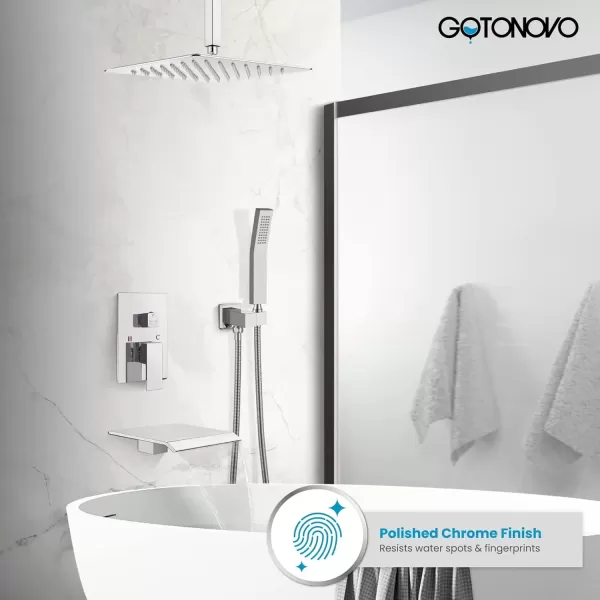 imagegotonovo Shower System with Tub Spout Ceiling Mount Shower Faucet Set Rain Shower Head and Handheld Combo with Waterfall Bathtub Spout Roughin Valve Kit Included 16 inch Shower Head Polished ChromePolished Chrome