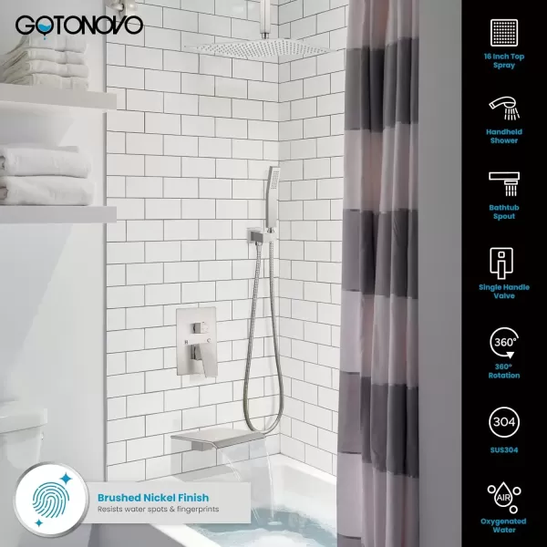 imagegotonovo Shower System with Tub Spout Ceiling Mount Shower Faucet Set Rain Shower Head and Handheld Combo with Waterfall Bathtub Spout Roughin Valve Kit Included 16 inch Shower Head Polished ChromeBrushed Nickel