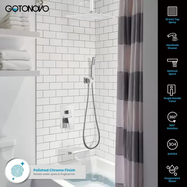 imagegotonovo Shower System with Tub Spout Ceiling Mount Shower Faucet Set Rain Shower Head and Handheld Combo with Waterfall Bathtub Spout Roughin Valve Kit Included 16 inch Shower Head Polished ChromePolished Chrome