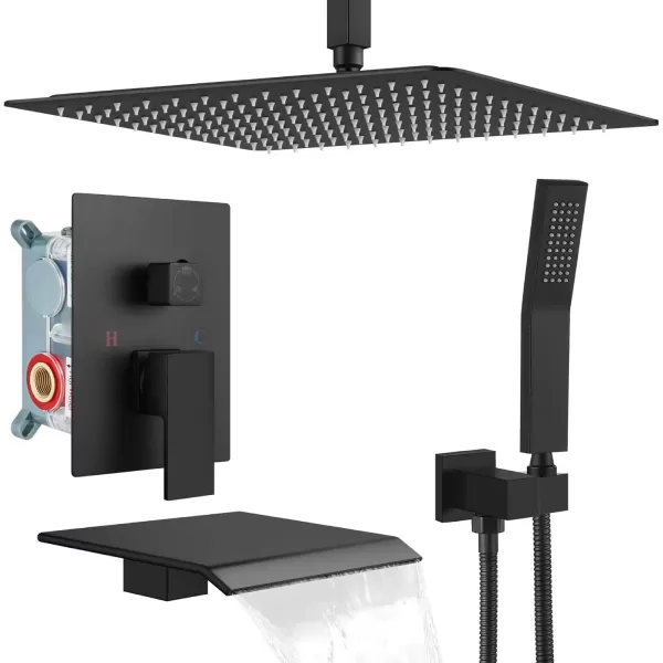 imagegotonovo Shower System with Tub Spout Ceiling Mount Shower Faucet Set Rain Shower Head and Handheld Combo with Waterfall Bathtub Spout Roughin Valve Kit Included 16 inch Shower Head Polished ChromeMatte Black