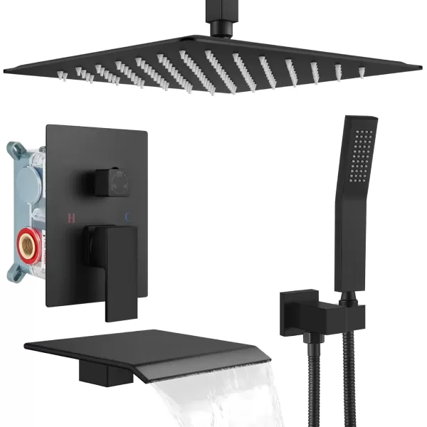 imagegotonovo Shower System with Tub Spout Ceiling Mount Shower Faucet Set Rain Shower Head and Handheld Combo with Waterfall Bathtub Spout Roughin Valve Kit Included 16 inch Shower Head Polished ChromeMatte Black
