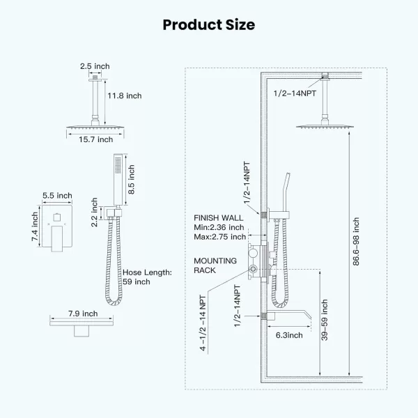 imagegotonovo Shower System with Tub Spout Ceiling Mount Shower Faucet Set Rain Shower Head and Handheld Combo with Waterfall Bathtub Spout Roughin Valve Kit Included 16 inch Shower Head Polished ChromeMatte Black