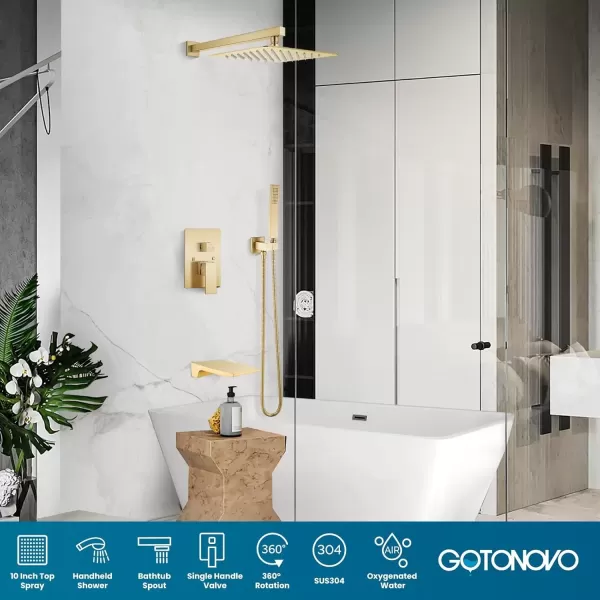imagegotonovo Shower System with Tub SpoutWaterfall Tub Shower Faucet Set for Bathroom with 10 inch Rain Shower Head and Handheld Spray Wall Mounted Roughin Valve and Trim Included Matte BlackBrushed Gold