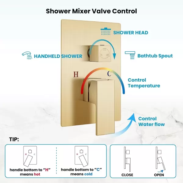 imagegotonovo Shower System with Tub SpoutWaterfall Tub Shower Faucet Set for Bathroom with 10 inch Rain Shower Head and Handheld Spray Wall Mounted Roughin Valve and Trim Included Matte BlackBrushed Gold