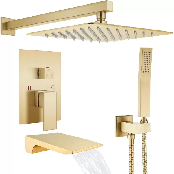 imagegotonovo Shower System with Tub SpoutWaterfall Tub Shower Faucet Set for Bathroom with 10 inch Rain Shower Head and Handheld Spray Wall Mounted Roughin Valve and Trim Included Matte BlackBrushed Gold