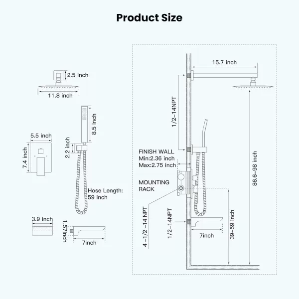 imagegotonovo Shower System with Tub SpoutWaterfall Tub Shower Faucet Set for Bathroom with 10 inch Rain Shower Head and Handheld Spray Wall Mounted Roughin Valve and Trim Included Matte BlackBrushed Nickel
